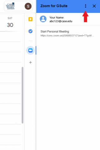 Highlighting the three vertical dots for the Zoom app within Google Calendar