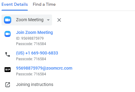 Shows an example of Zoom meeting details within a Google Calendar appointment