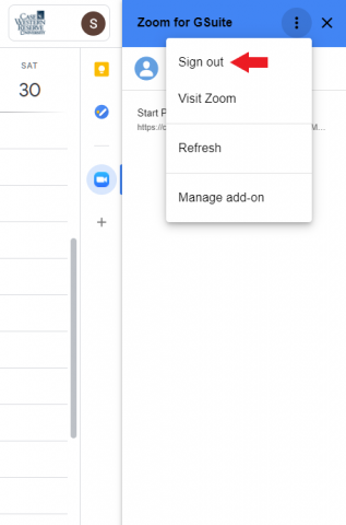 Highlighting the link to Sign out of Zoom within Google Calendar