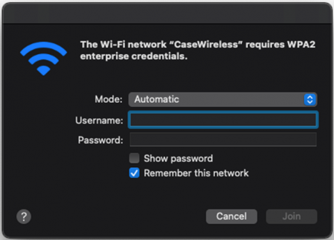 Enter information for CaseWireless on a MacOS device