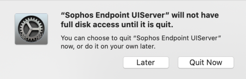 Sophos MacOS will not have full disk access until it is quit. There are two buttons, one labeled Later and the other labeled Quit.