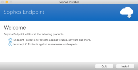Sophos welcome screen with 2 buttons, one labeled Quit and the other labeled Install