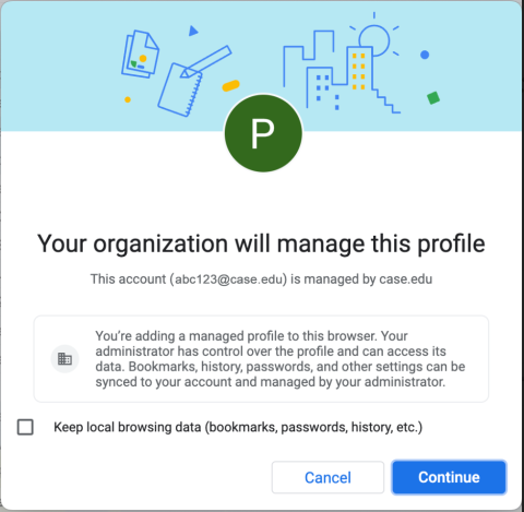 An alert box from Chrome with the title "Your organization will manage this profile"