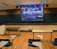 Bingham 204 Classroom, empty room for TEC display, alternate view