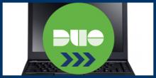 Duo Logo superimposed over a laptop