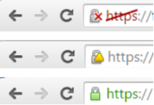 three we address bars stacked. the top has a lock symbol with a red x and HTTPS:// with a red line through it. The middle has a lock symbol with a gold triangle and HTTPS://. The bottom has a lock icon and HTTPS:// in green