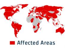 wannacry affected areas of the globe in red. all but half of Africa and isolated areas of Asia and South America in red