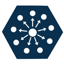 blue hexagon with dots and arrows pointing outward