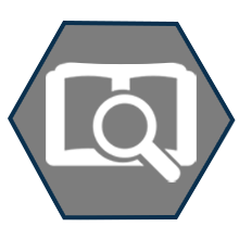 open book icon with magnifying glass in gray