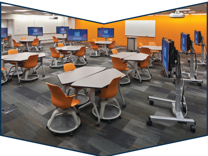 Picture of Active Learning Classroom with tables and monitors