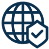cybersecurity icon globe wireframe with check mark in blue