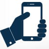 icon hand holding mobile phone in blue