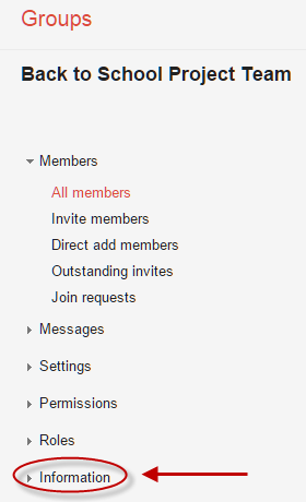 Manage Group screen with Information button highlighted