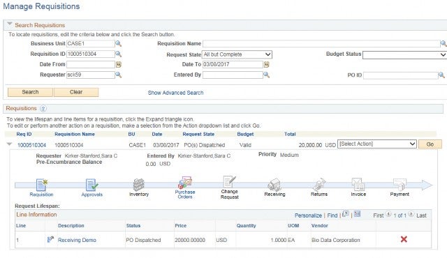 PeopleSoft Financials screen shot displaying the Manage Requisitions form containing sample data