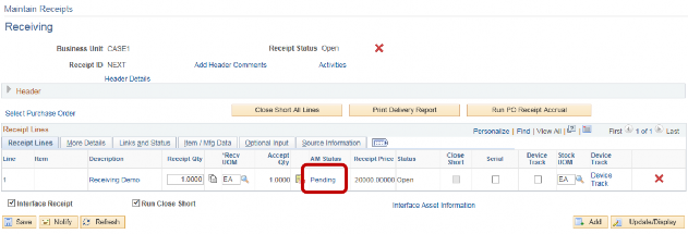 PeopleSoft Financials screen shot displaying the Managed Receipts form with the Pending status highlighted