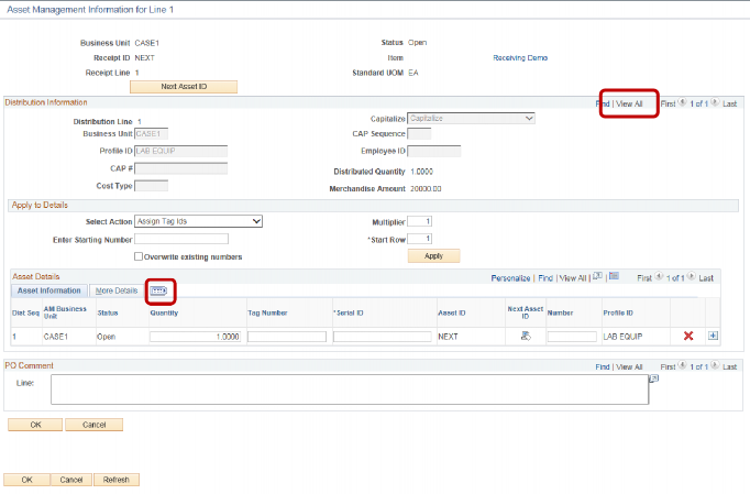 PeopleSoft Financials screen shot displaying Asset Management Information for Line 1. Highlighted are View All and an icon for more data.