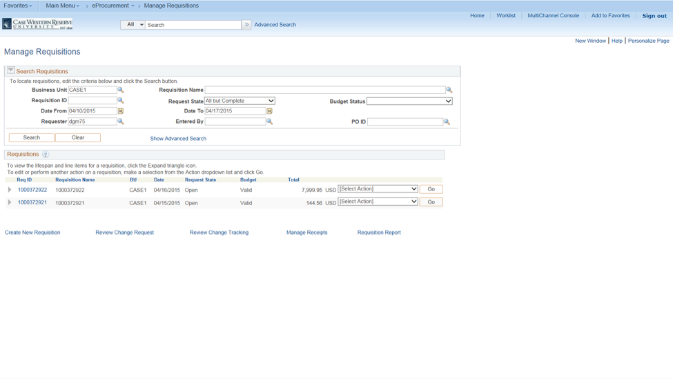 PeopleSoft Financials screen shot showing the Manage Requisitions form populated with sample data
