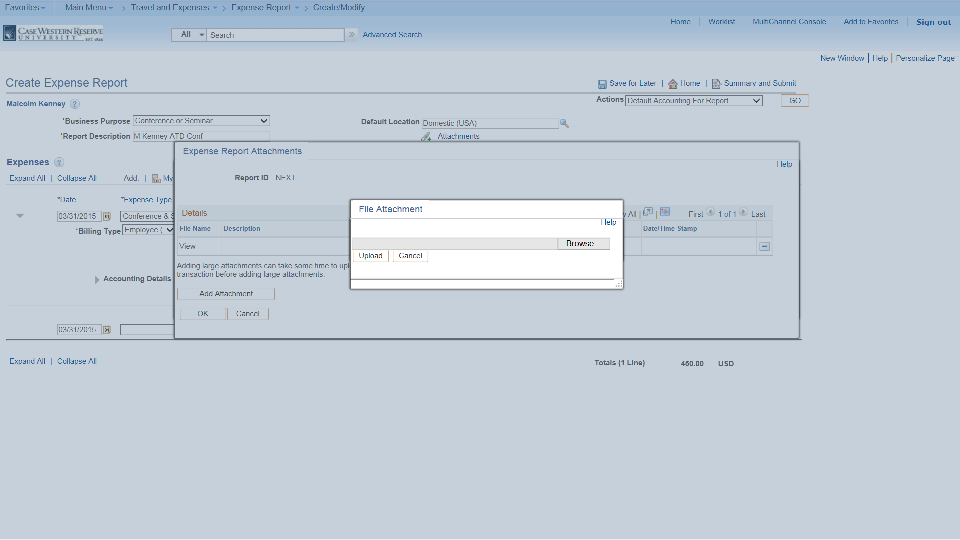 PeopleSoft Financials screen shot displaying the Add Attachment box to upload a file
