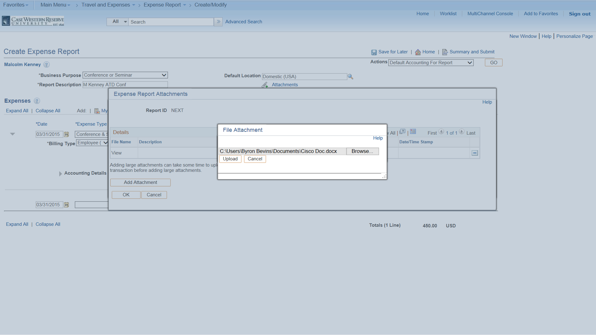 PeopleSoft Financials screen shot displaying the file selected to be uploaded
