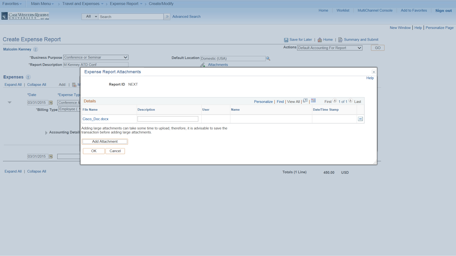 PeopleSoft Financials screen shot displaying the file to be uploaded