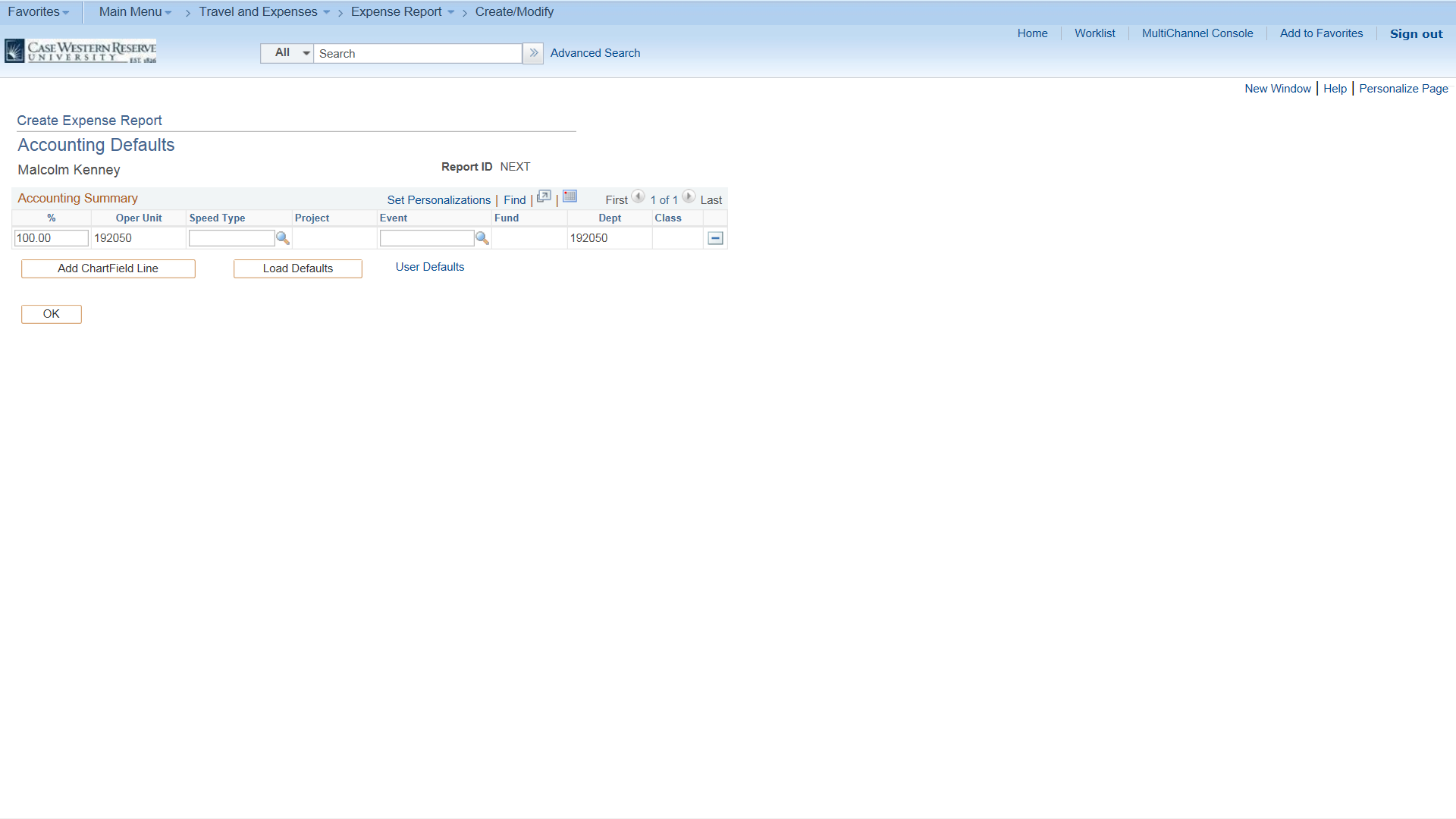 PeopleSoft Financials screen shot displaying the Account Defaults form