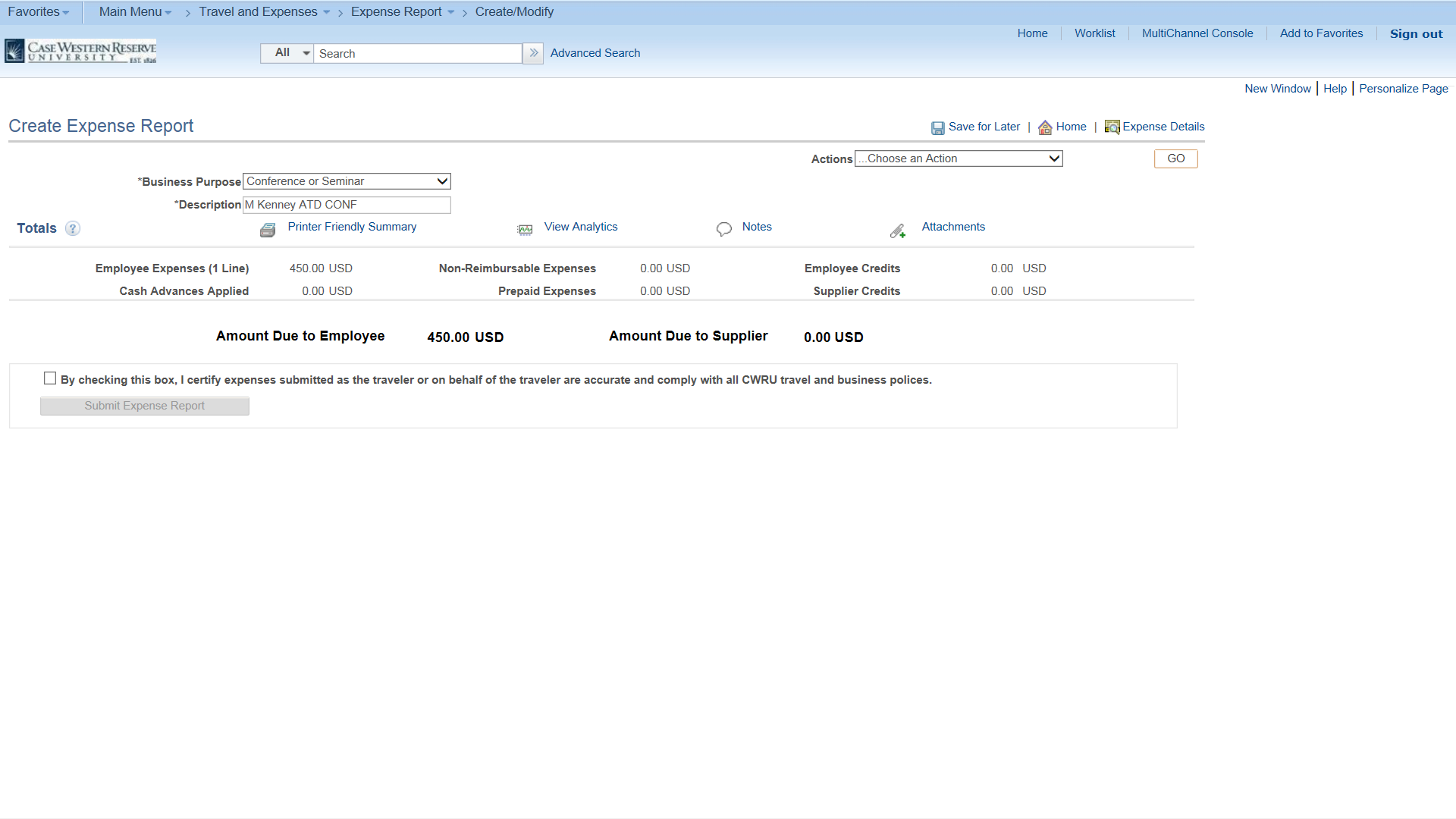 PeopleSoft Financials screen shot displaying create expense form