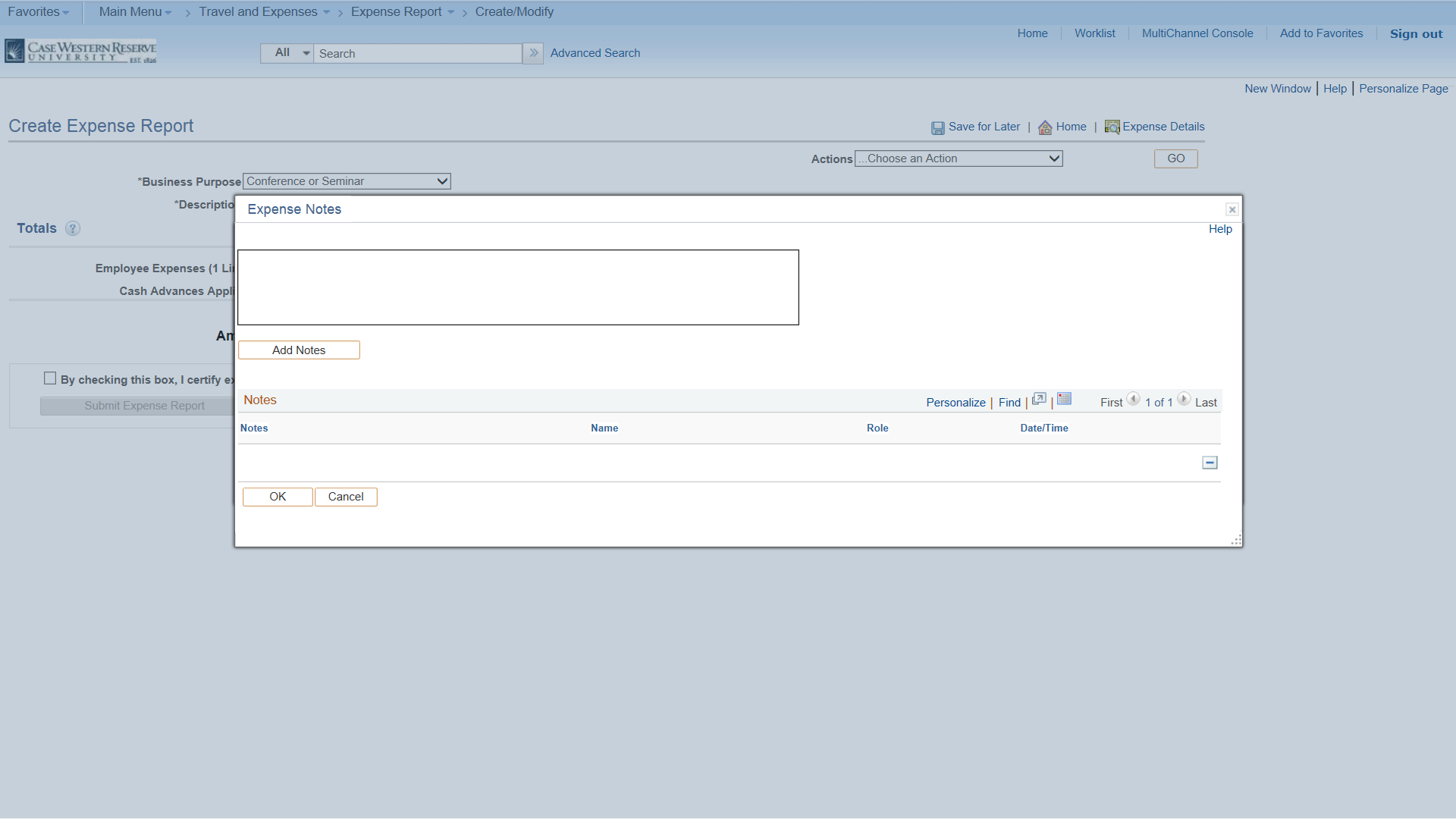 PeopleSoft Financials screen shot displaying a text box where comments or notes may be added.