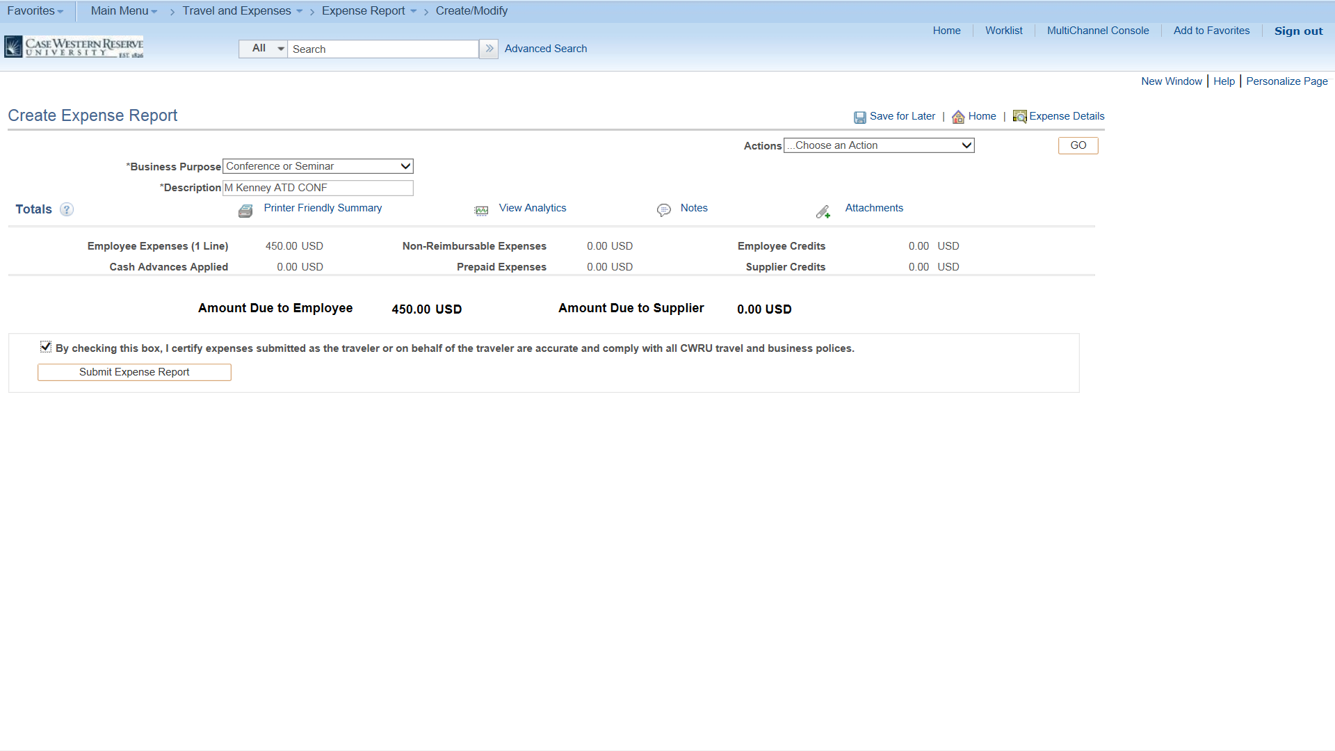 PeopleSoft Financials screen shot displaying the ability to submit the request