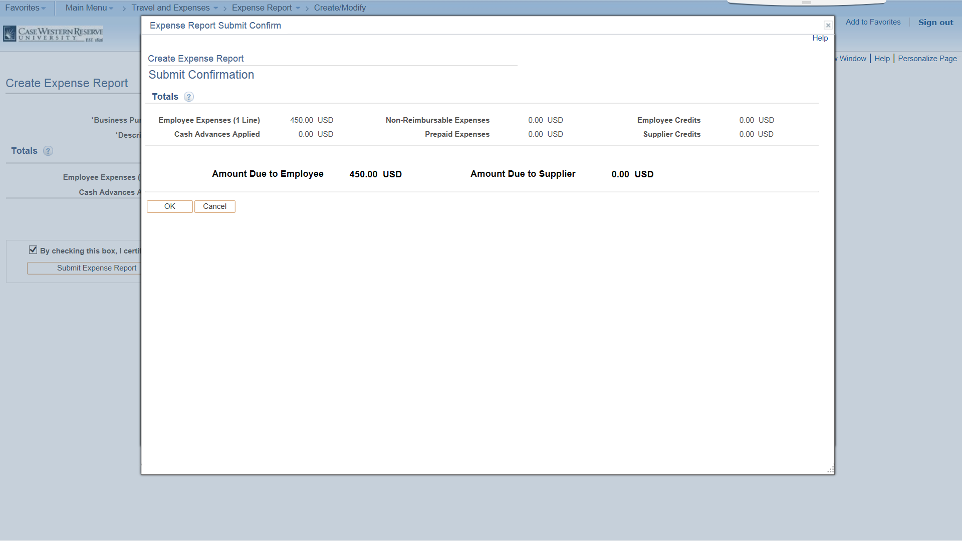 PeopleSoft Financials screen shot displaying expense report confirmation