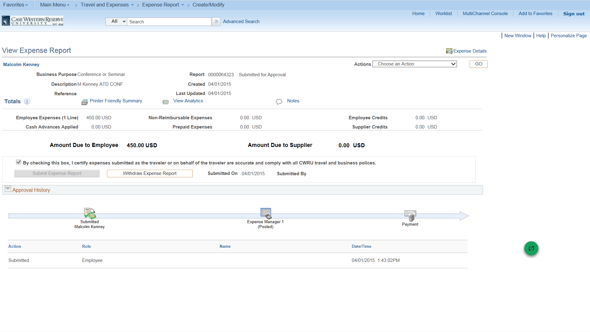 PeopleSoft Financials screen shot displaying View Expense Report form