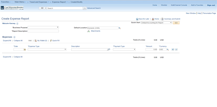 PeopleSoft Financials screen shot displaying the Create Expense Report form