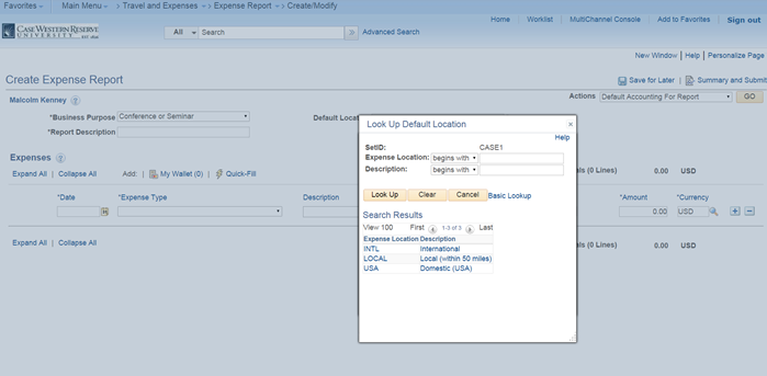 PeopleSoft Financials screen shot displaying a lookup insert in the Create Expense Report form labeled Look Up Default Location
