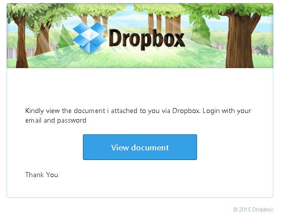 Dropbox screen with a bad "view document" link, several grammatical errors and bad punctuation along with unconventional language such as "kindly"