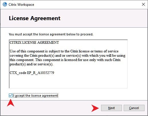 Citrix Workspace All Licence Agreement with agreement box checked and Next button highlighted.