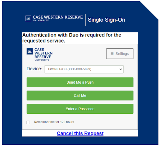 A screenshot of the CWRU Single Sign-on page with Duo login screen
