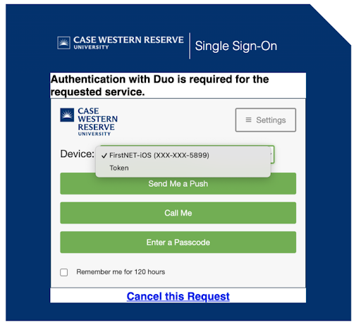 A screenshot of the CWRU Single Sign-on page with Duo login screen showing a phone number and token in the drop-down