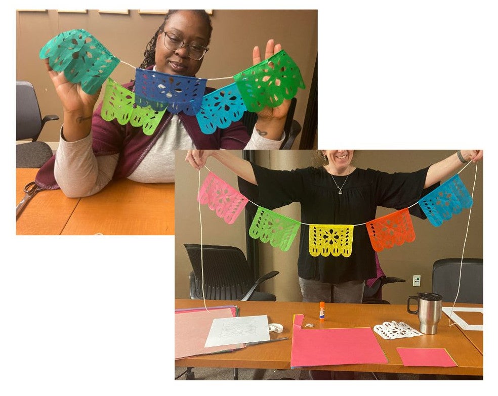 Two photos depicting two people holding up handcrafted Papel Picado.