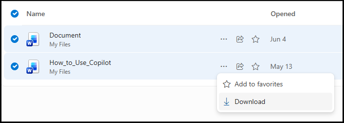 Within OneDrive, 2 files are checked, and under the 3 horizontal dots Download is highlighted