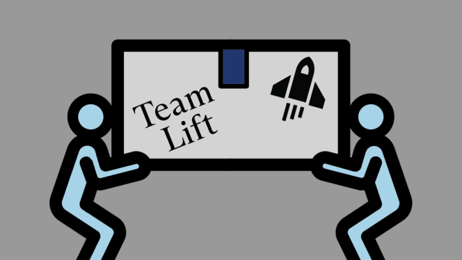 Two people lifting a moving box together; the box has the New Quizzes logo