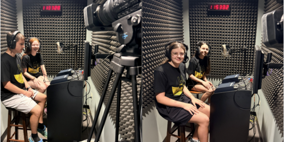 Two photos of middle schooler using a recording set-up