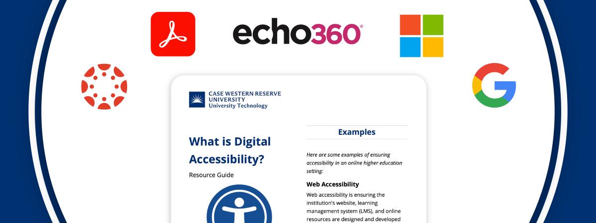 The What is Digital Accessibility Resource Guide sits below a semi circle of logos such as for Canvas, Adobe Acrobat Pro, echo360, Microsoft Office, and Google. 