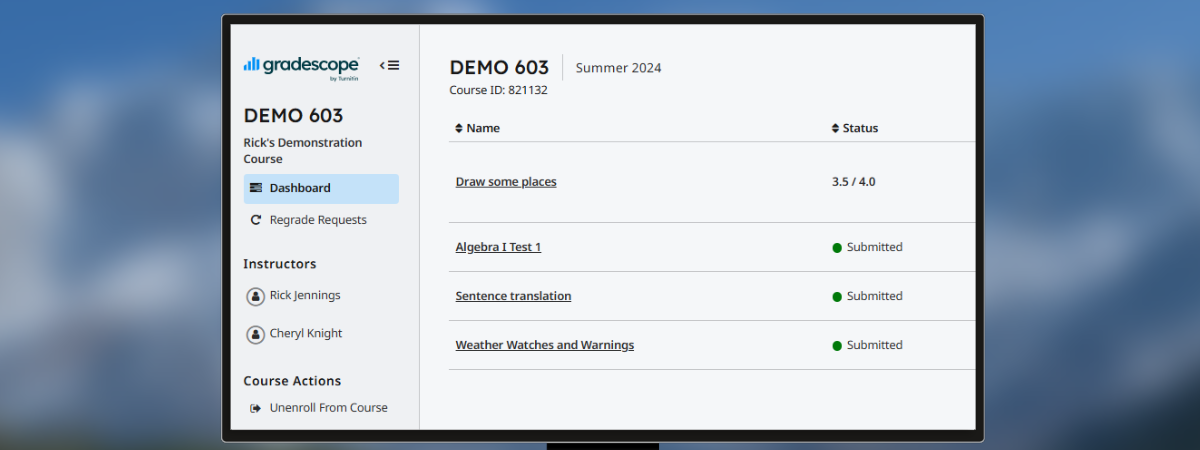 Screenshot of the student view in Gradescope.