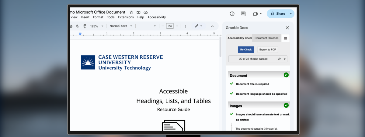 Screenshot of Grackle showing a list of accessibility issues in a Google Docs file.