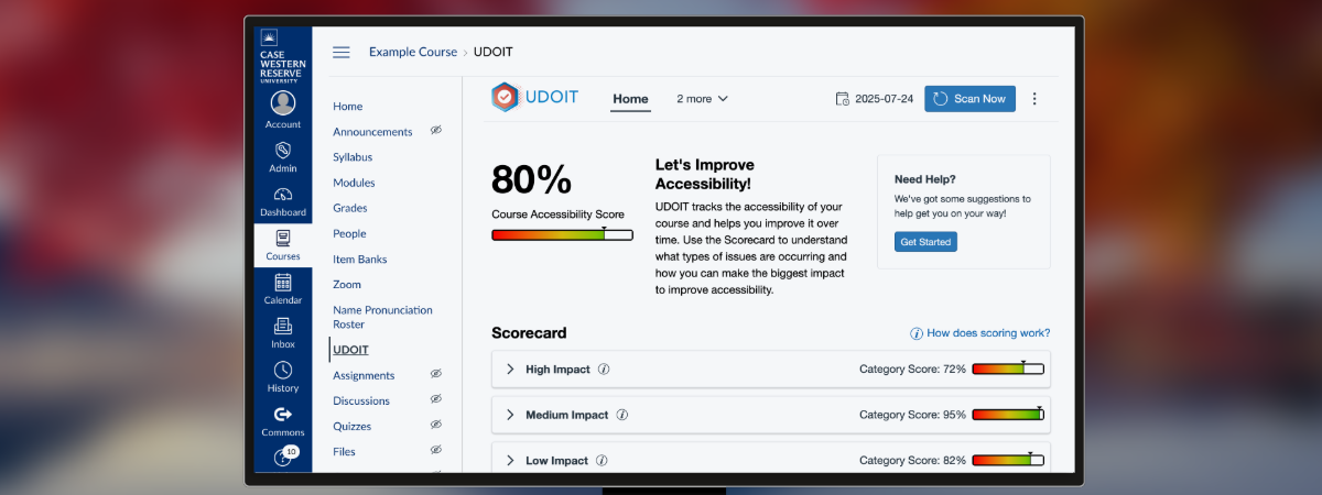 Screenshot of UDOIT showing a course’s accessibility score. 