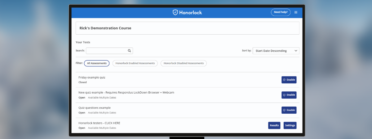 Screenshot of the instructor view in Honorlock. 