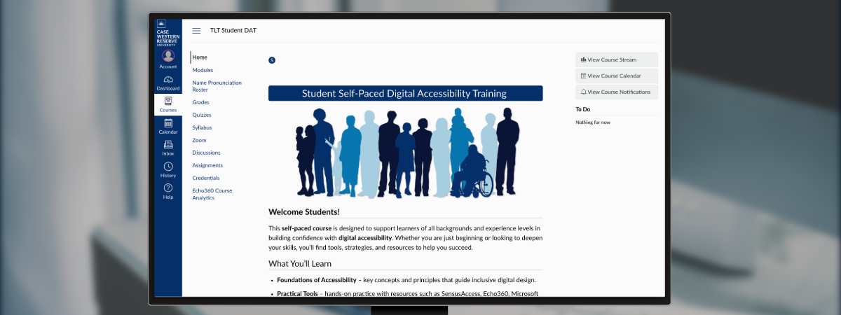 A screenshot of the student self-paced digital accessibility Canvas course. 