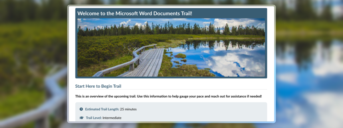Microsoft Word document trail, providing an example of learning objectives, estimated time to complete trail, and outdoor imagery.