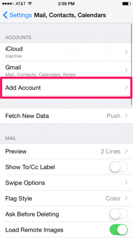 iPhone Mail, Contacts, Calendar screen with Add Account button highlighted