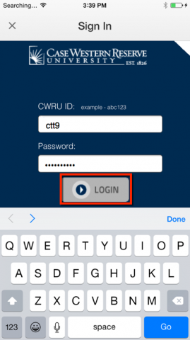 CWRU Single Sign on with Log in button highlighted