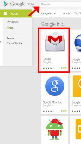 Play Store with Gmail App highlighted
